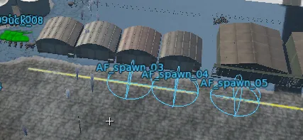 An editor view of hangars beside a runway, with blue markers labelled AF_spawn_03, AF_spawn_04 and AF_spawn_05.