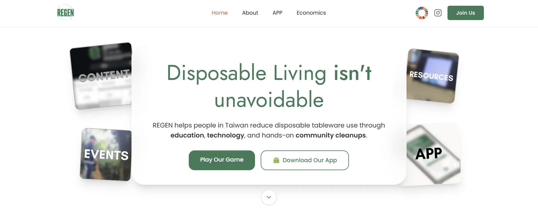 The REGEN homepage, with the heading “Disposable Living isn’t unavoidable”, buttons to play a game and download the app, and the site’s navigation along the top.